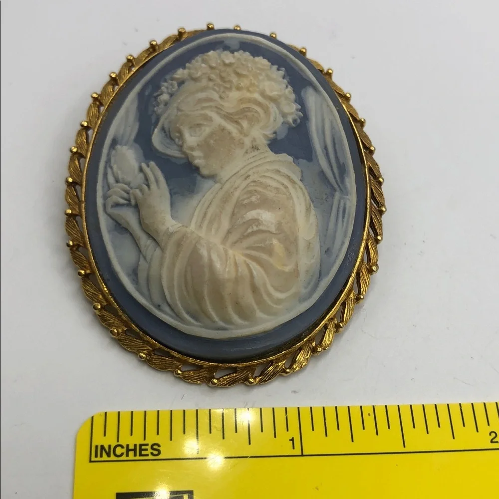 Vintage Classy Blue and Cream Cameo Brooch - Profile Woman
